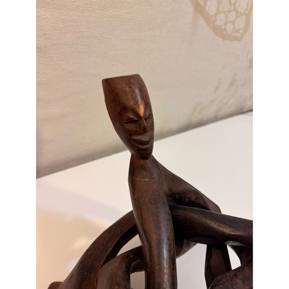 Hand Carved Wooden Sculpture Trio Figures Embracing Rustic Decor - Picture 3 of 7